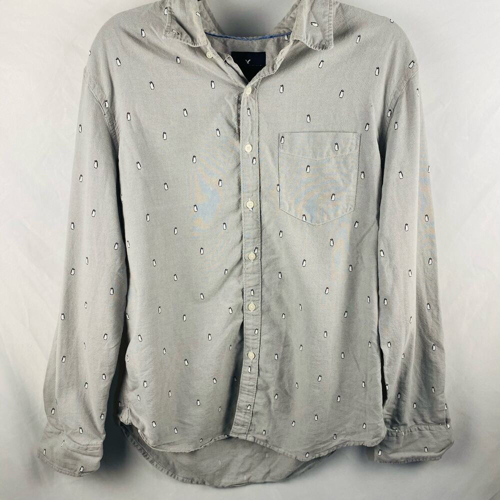 American Eagle Seriously Soft Gray Penguin Print Men's Button Front Size‎ Large